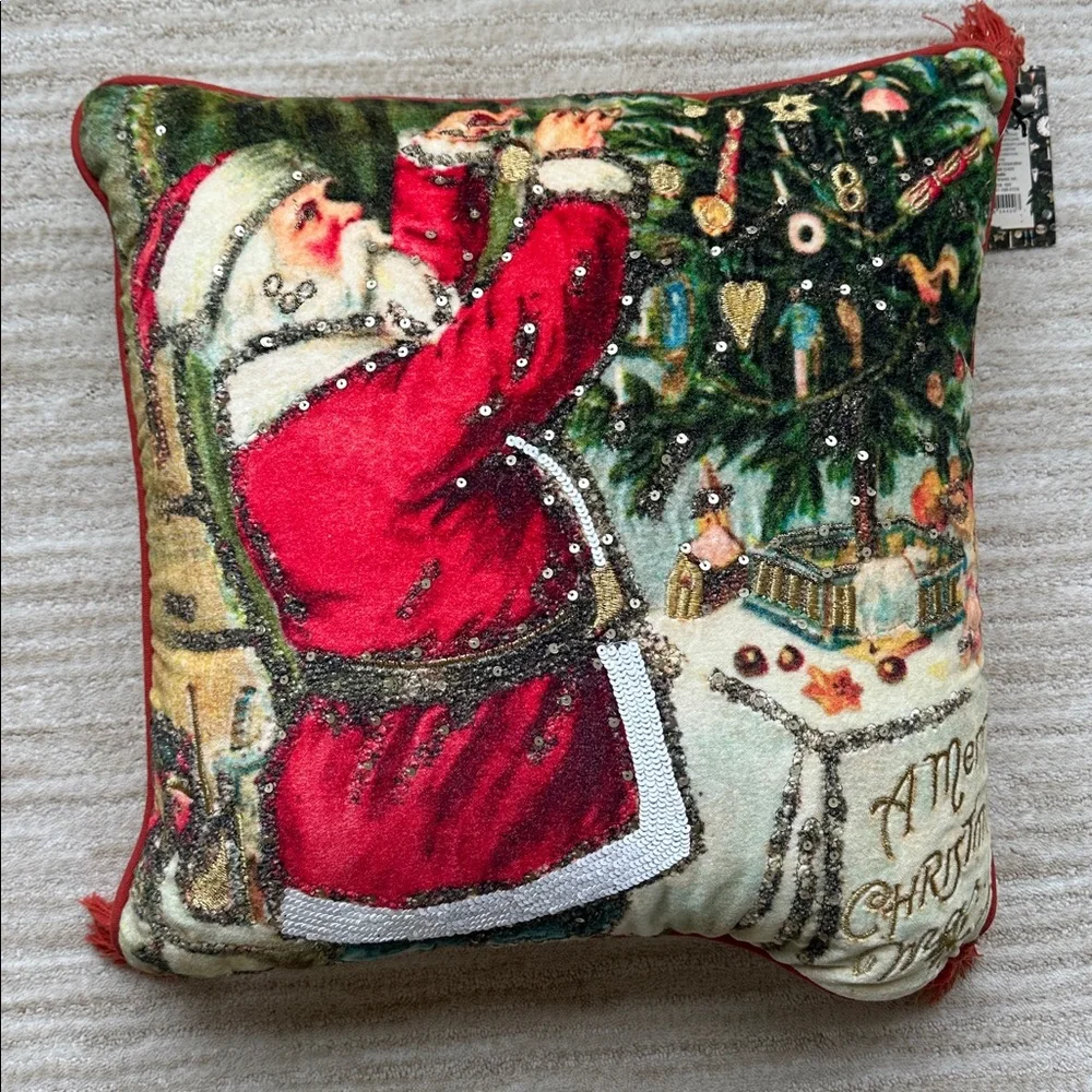 John Derian Target 2025 Santa Pillow Embroidered Holiday Christmas Tree 18”x18”